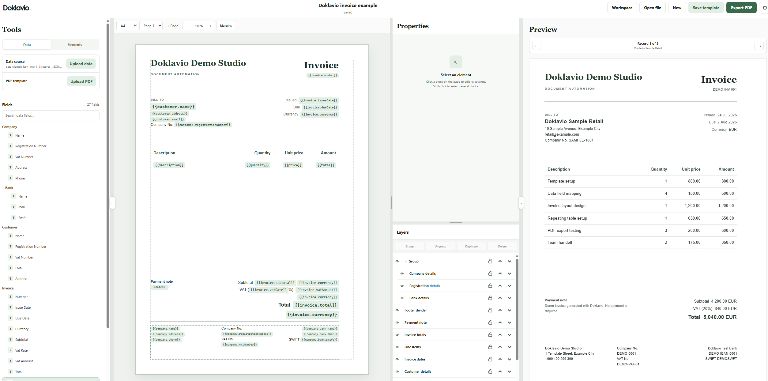 Doklavio editor with imported data fields, an invoice template, layers and a live record preview