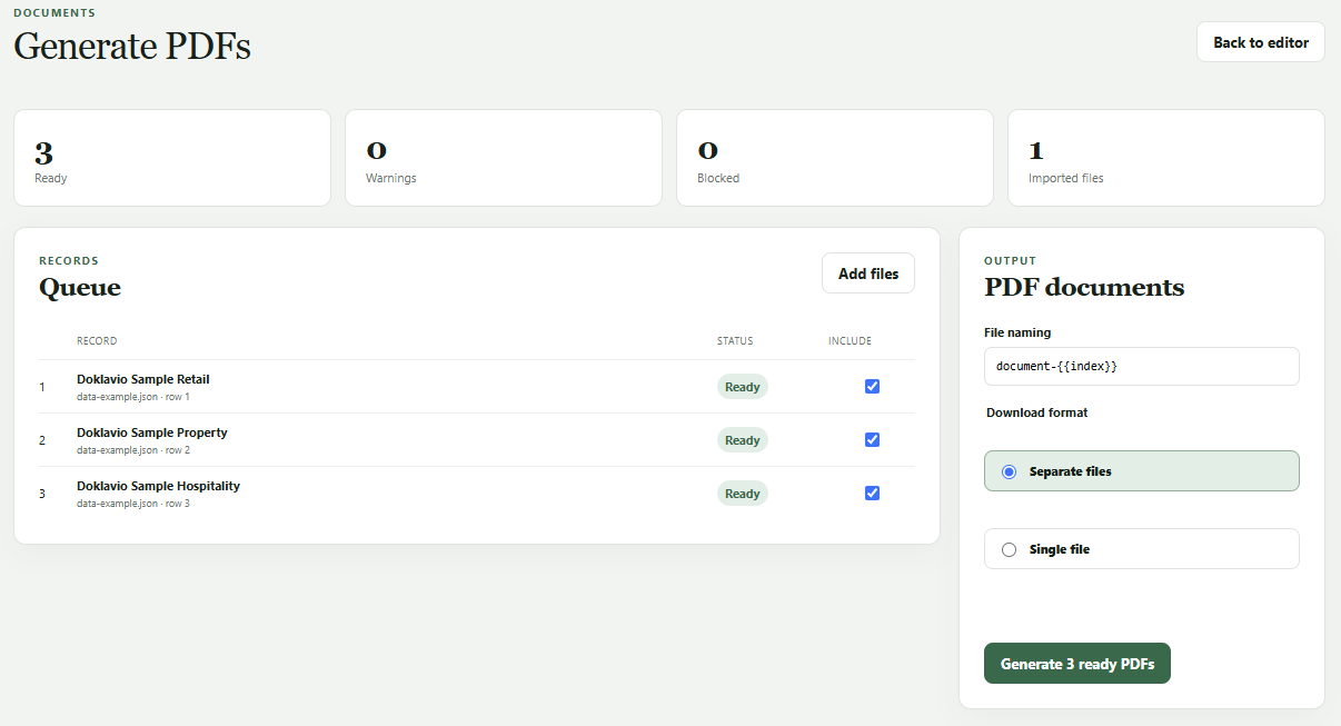 Doklavio batch generation queue with three ready records and separate or combined PDF output options
