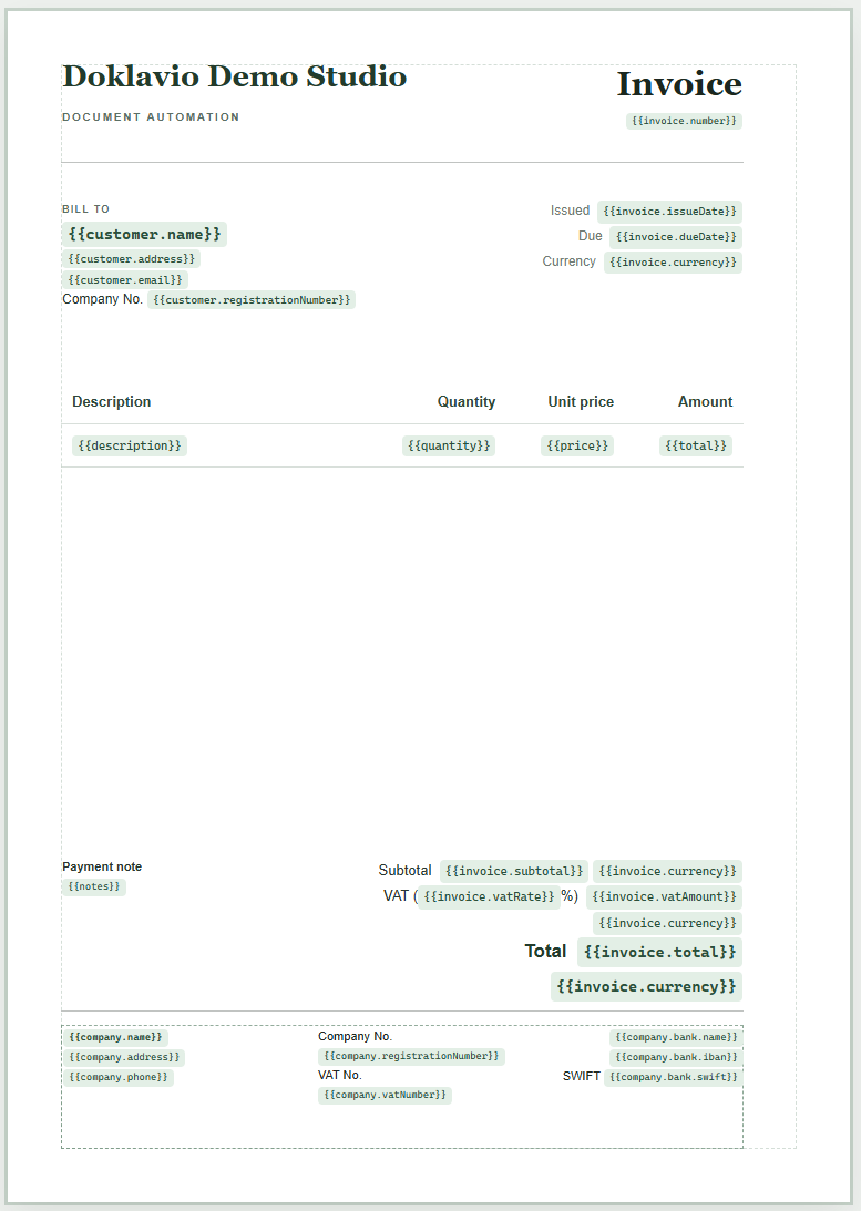 Editable Doklavio invoice template with customer fields, repeating line items and totals
